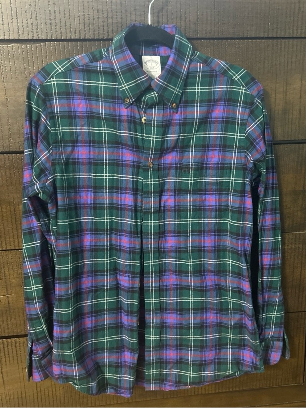 Brooks Brothers Green Plaid Button-Down Shirt with Blue and Purple Accents Small